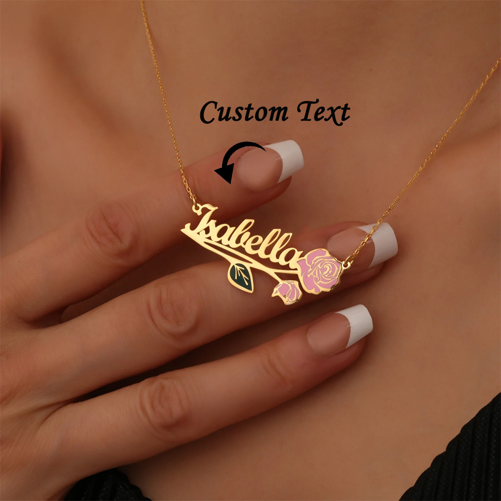 Name Necklace Custom - Spersonalizowany, kolorowy naszyjnik z kwiatem urodzinowym
