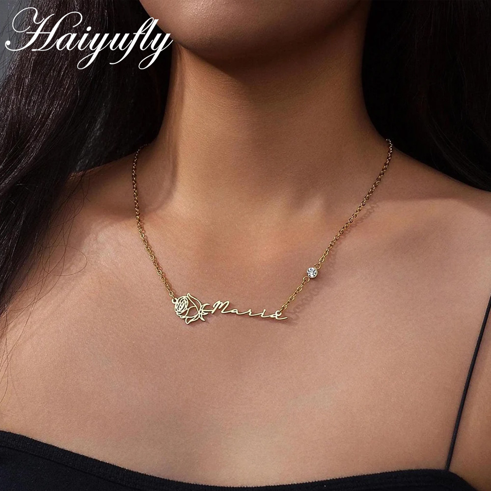 Birth Flower Necklace - Haiyufly spersonalizowany naszyjnik z imieniem i